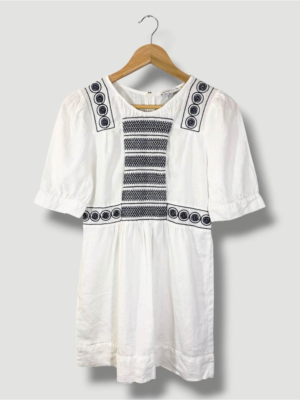 See by Chloé Linen Mini Dress 4 White Blue Embroidered Puff Sleeve